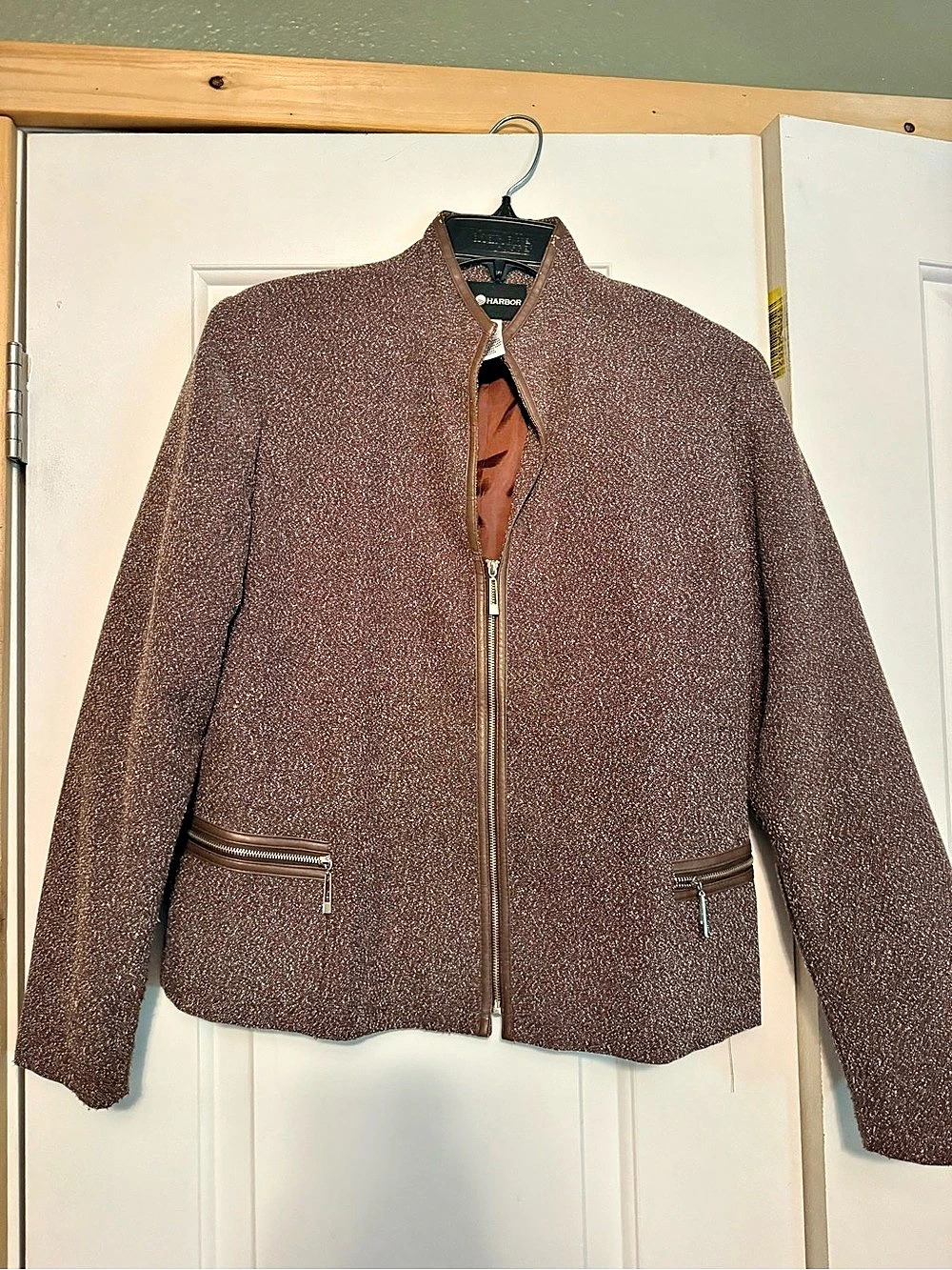Sag Harbor Zip-Front Tweed Pocket Jacket Brown Size 6